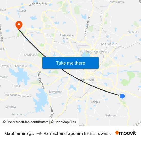 Gauthaminagar to Ramachandrapuram BHEL Township map