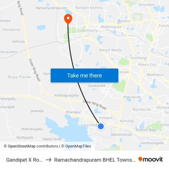 Gandipet X Road to Ramachandrapuram BHEL Township map