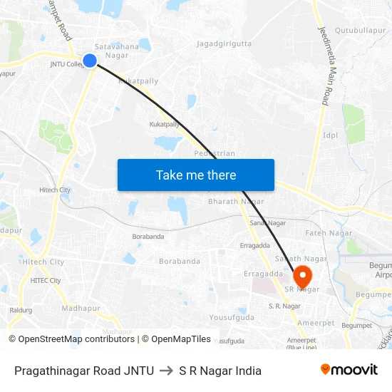 Pragathinagar Road JNTU to S R Nagar India map