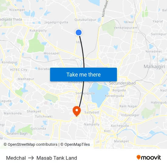 Medchal to Masab Tank Land map