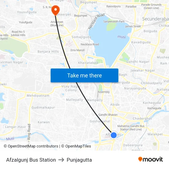 Afzalgunj Bus Station to Punjagutta map