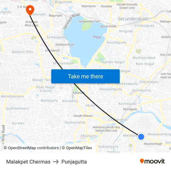 Malakpet Chermas to Punjagutta map