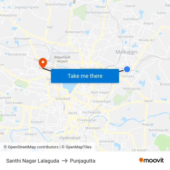 Santhi Nagar Lalaguda to Punjagutta map