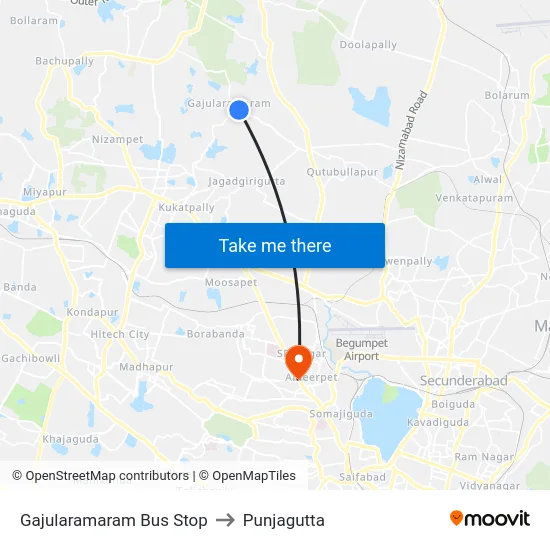 Gajularamaram Bus Stop to Punjagutta map