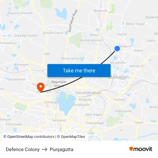 Defence Colony to Punjagutta map