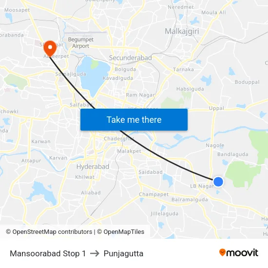 Mansoorabad Stop 1 to Punjagutta map