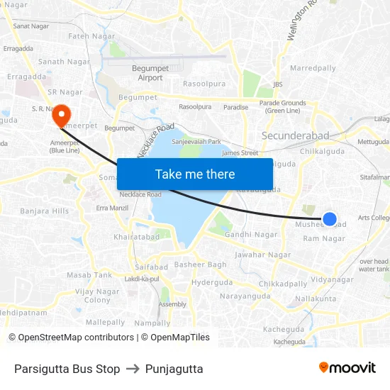Parsigutta Bus Stop to Punjagutta map