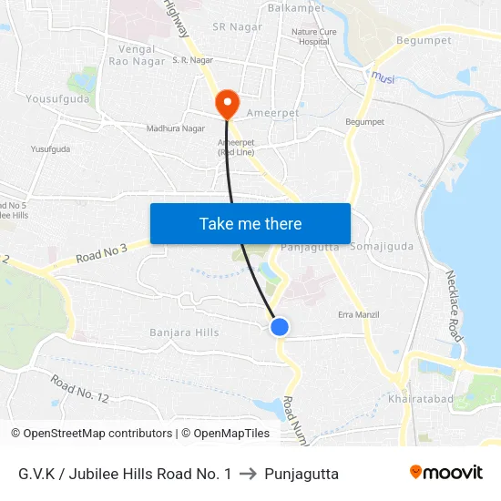 G.V.K / Jubilee Hills Road No. 1 to Punjagutta map