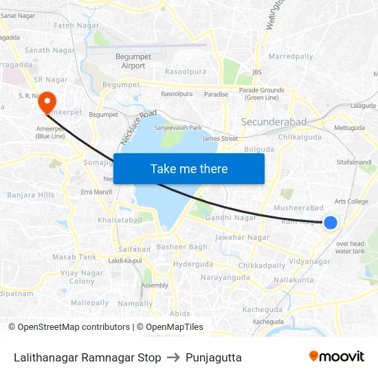 Lalithanagar Ramnagar Stop to Punjagutta map