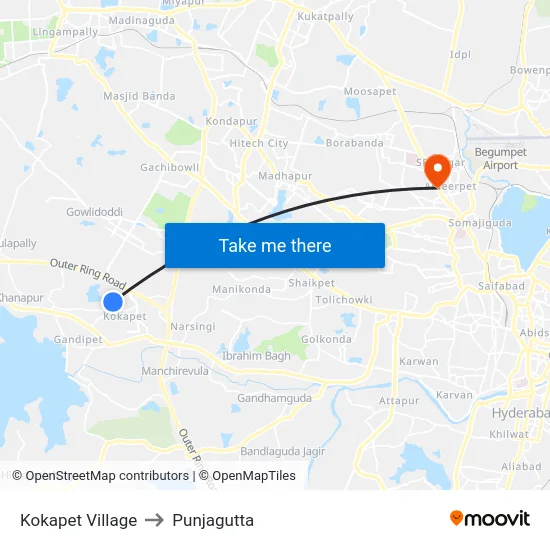 Kokapet Village to Punjagutta map