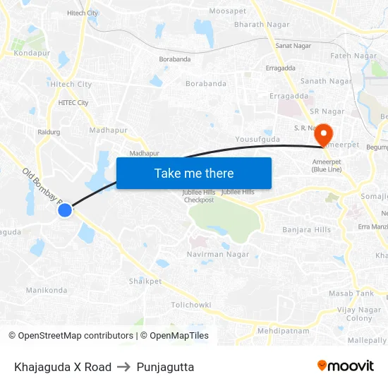 Khajaguda X Road to Punjagutta map