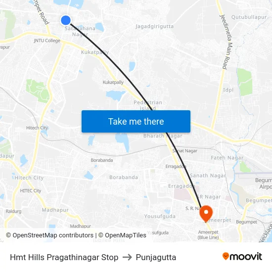 Hmt Hills Pragathinagar Stop to Punjagutta map