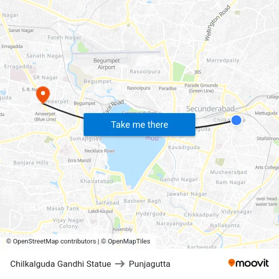 Chilkalguda Gandhi Statue to Punjagutta map
