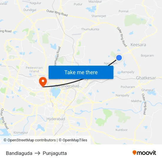 Bandlaguda to Punjagutta map