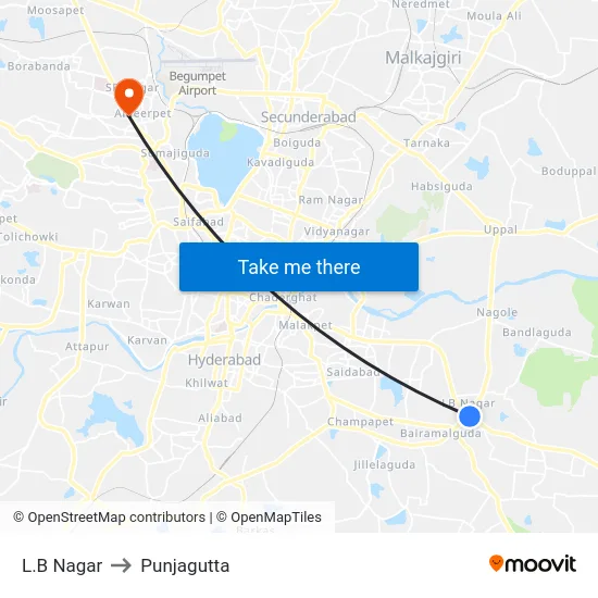 L.B Nagar to Punjagutta map
