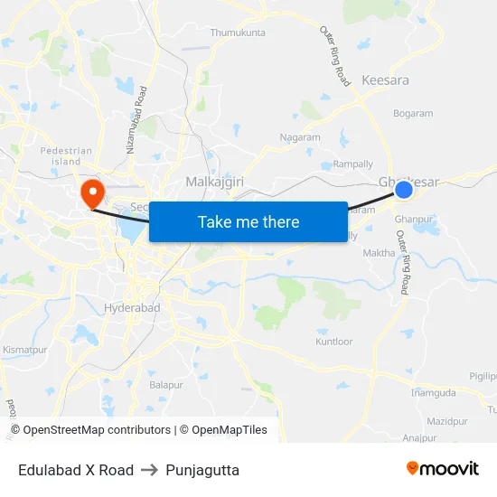 Edulabad X Road to Punjagutta map