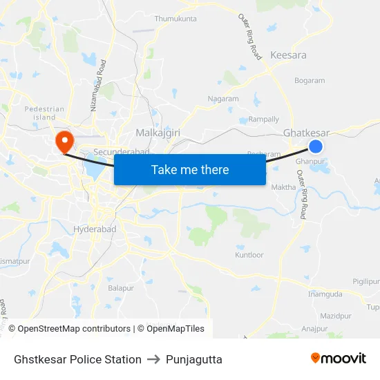 Ghstkesar Police Station to Punjagutta map