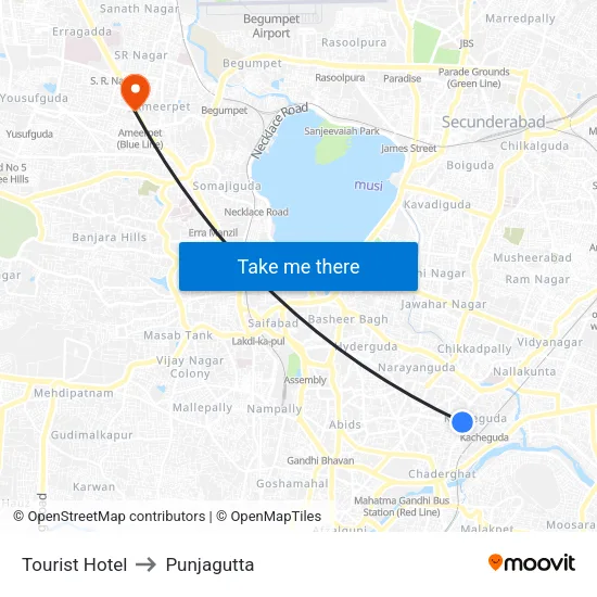 Tourist Hotel to Punjagutta map
