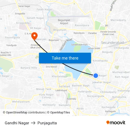 Gandhi Nagar to Punjagutta map