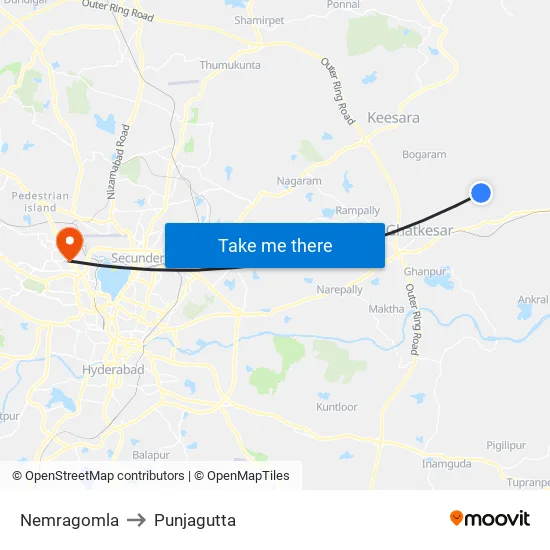Nemragomla to Punjagutta map