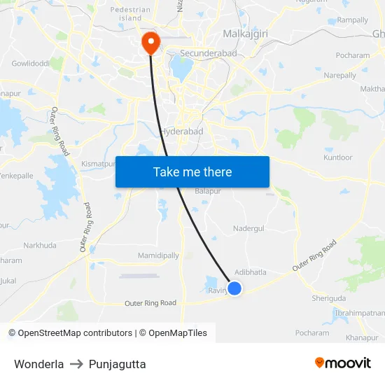 Wonderla to Punjagutta map