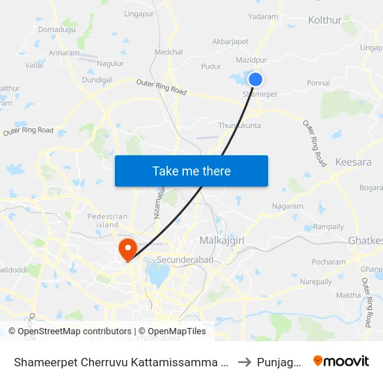 Shameerpet Cherruvu Kattamissamma Temple to Punjagutta map