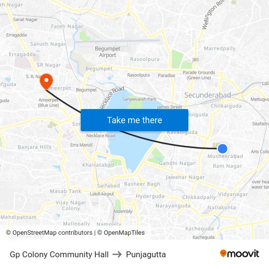 Gp Colony Community Hall to Punjagutta map