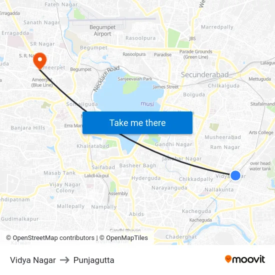 Vidya Nagar to Punjagutta map