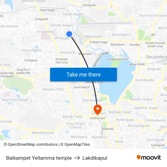 Balkampet Yellamma temple to Lakdikapul map