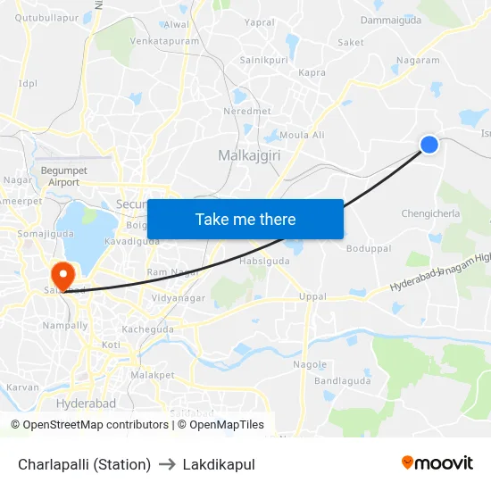 Charlapalli (Station) to Lakdikapul map