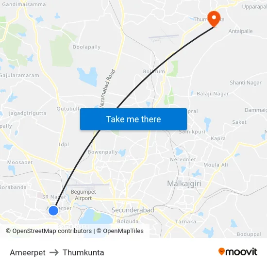 Ameerpet to Thumkunta map