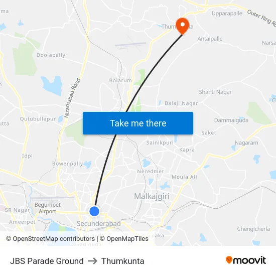 JBS Parade Ground to Thumkunta map