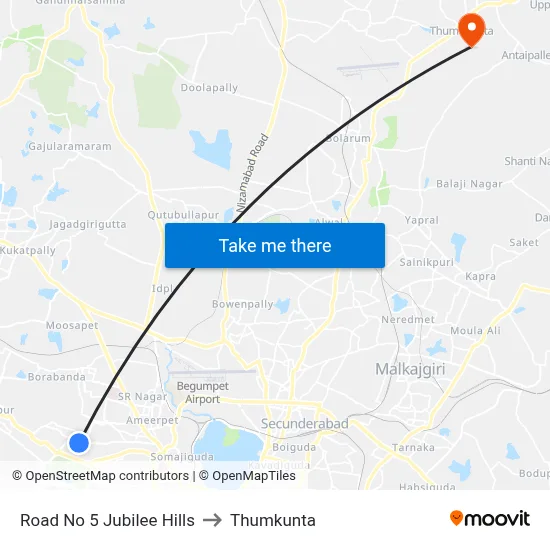 Road No 5 Jubilee Hills to Thumkunta map