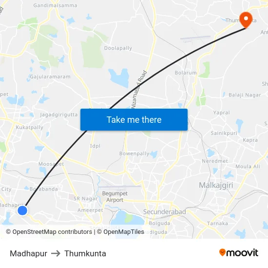 Madhapur to Thumkunta map