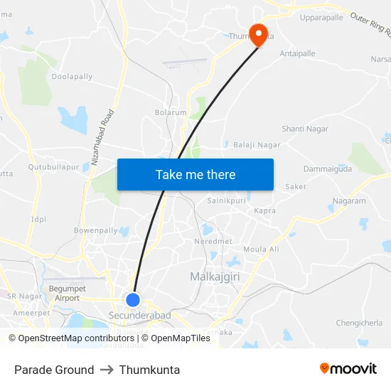 Parade Ground to Thumkunta map