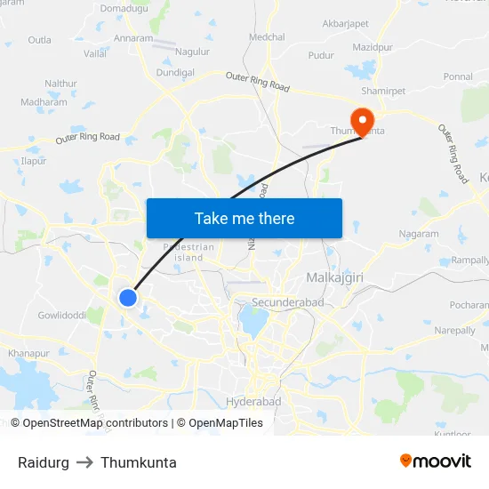 Raidurg to Thumkunta map