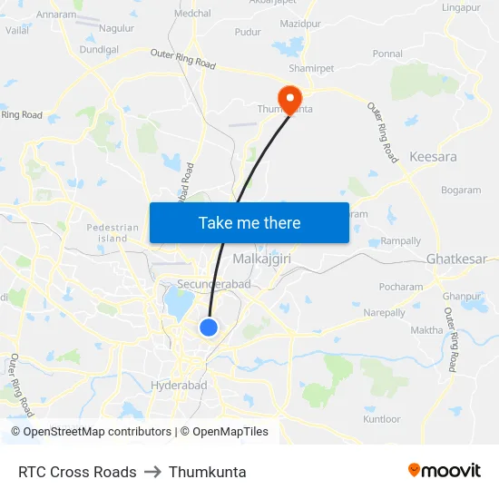 RTC Cross Roads to Thumkunta map