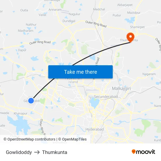 Gowlidoddy to Thumkunta map