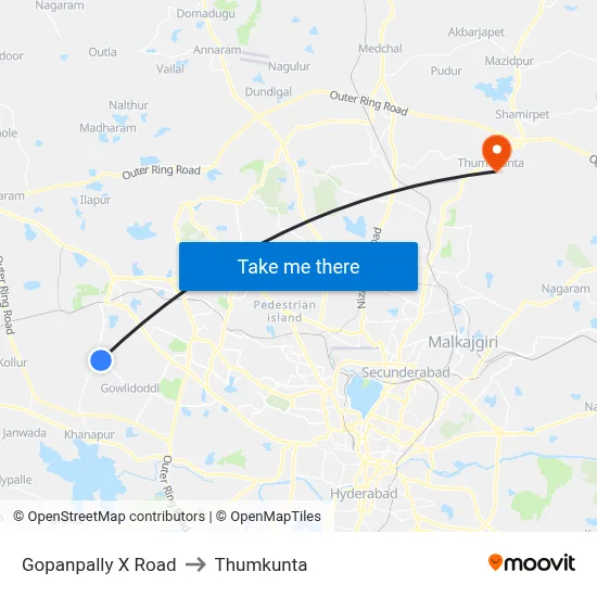 Gopanpally X Road to Thumkunta map