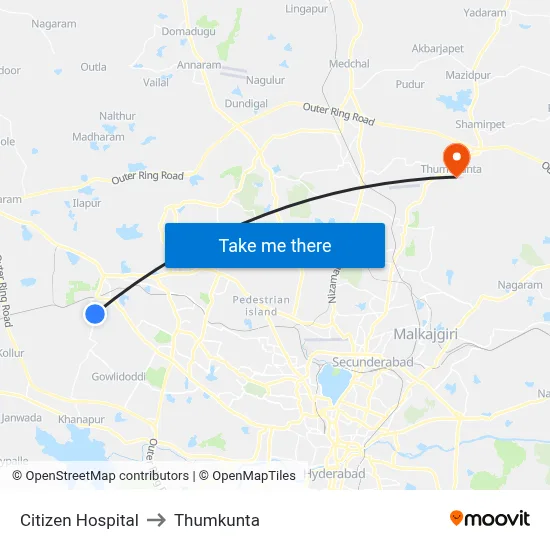Citizen Hospital to Thumkunta map