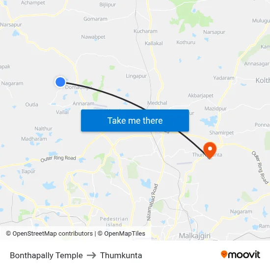 Bonthapally Temple to Thumkunta map