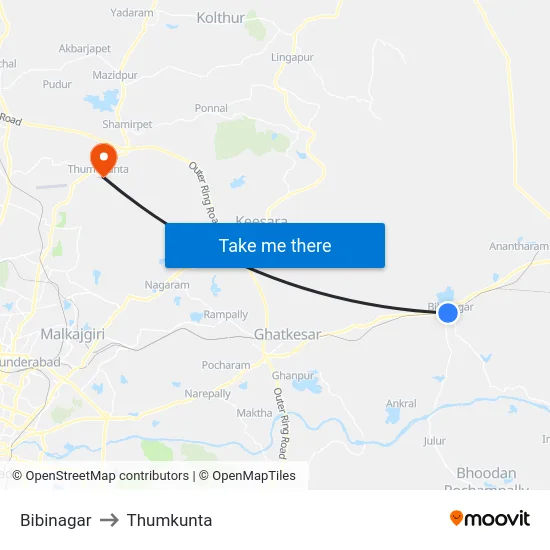 Bibinagar to Thumkunta map