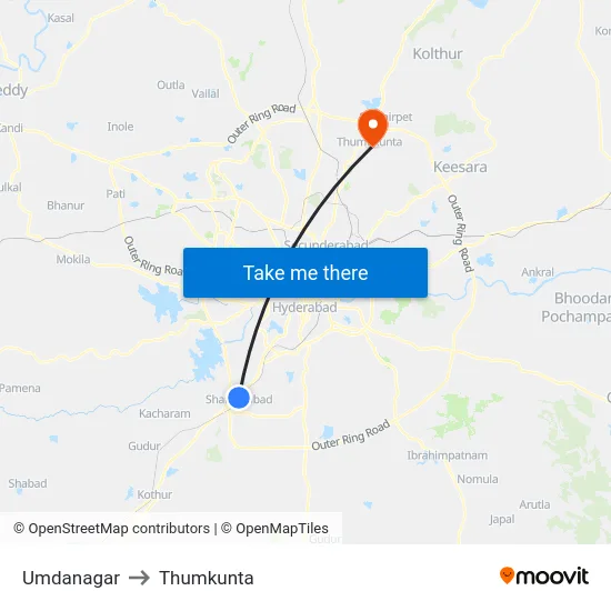 Umdanagar to Thumkunta map