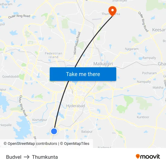 Budvel to Thumkunta map