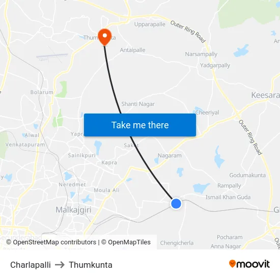 Charlapalli to Thumkunta map