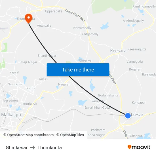 Ghatkesar to Thumkunta map