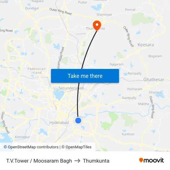 T.V.Tower / Moosaram Bagh to Thumkunta map