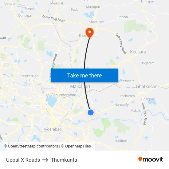 Uppal X Roads to Thumkunta map