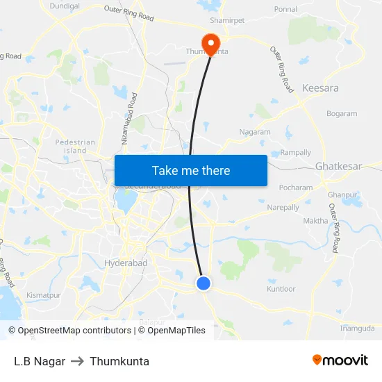 L.B Nagar to Thumkunta map