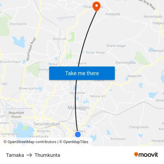 Tarnaka to Thumkunta map